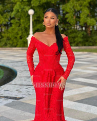 Charming Red Mermaid Off-The-Shoulder Strapless Long Sleeves Lace Long Formal Dress With Ruffles