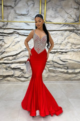 Charming Red Mermaid Spaghetti Straps Sleeveless Beaded Floor-Length Satin Formal Dress With Rhinestones