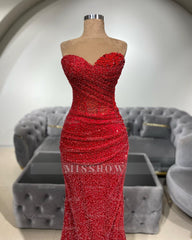 Charming Red Mermaid Sweetheart Sleeveless Sequined Beaded Long Prom Dress With Ruffles