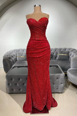 Charming Red Mermaid Sweetheart Sleeveless Sequined Beaded Long Prom Dress With Ruffles