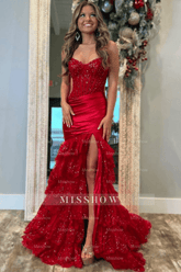 Charming Red Mermaid Sweetheart Strapless Sleeveless Sequined Sweep Train Satin Split Front Prom Dresses With Lace