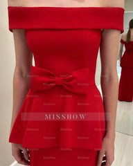 Charming Red Strapless Off-The-Shoulder Sleeveless Satin Bow Floor-Length Mother of the Bride Dresses With Slit