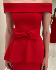 Charming Red Strapless Off-The-Shoulder Sleeveless Satin Bow Floor-Length Mother of the Bride Dresses With Slit