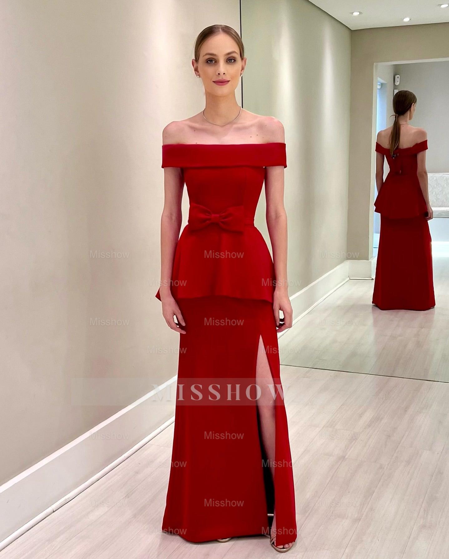 Charming Red Strapless Off-The-Shoulder Sleeveless Satin Bow Floor-Length Mother of the Bride Dresses With Slit