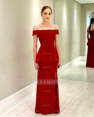 Charming Red Strapless Off-The-Shoulder Sleeveless Satin Bow Floor-Length Mother of the Bride Dresses With Slit
