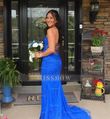 Charming Royal Blue Column Sweetheart Sleeveless Sequined Lace long Prom Dress With Slit