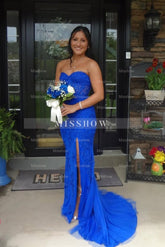 Charming Royal Blue Column Sweetheart Sleeveless Sequined Lace long Prom Dress With Slit