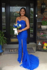 Charming Royal Blue Column Sweetheart Sleeveless Sequined Lace long Prom Dress With Slit