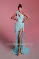 Charming Sequins One Shoulder Sleeveless Long Formal Dress With Front Split