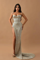 Charming Sequins Straps Sweetheart Sleeveless Long Formal Dress With High Split