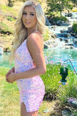 Charming Short Column Spaghetti Straps Sleeveless Sequined Openback Homecoming Dress