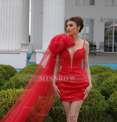 Charming Short Column V-Neck Sleeveless Ruffles Satin Red Prom Dress