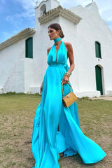 Charming Sleeveless Halter V Neck Long Formal Dress With Pleated