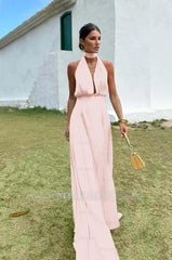 Charming Sleeveless Halter V Neck Long Formal Dress With Pleated