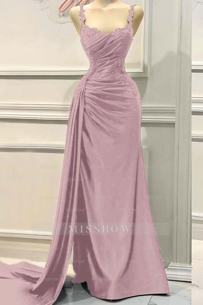 Charming Spaghetti Strap Sleeveless Pleated Long Formal Dress With Appliques