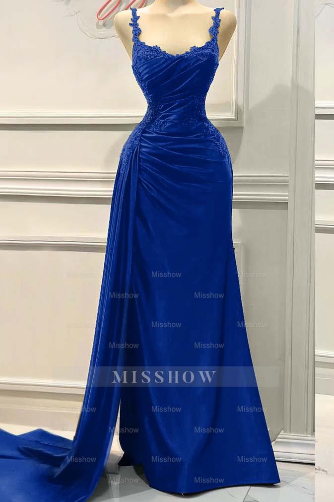 Charming Spaghetti Strap Sleeveless Pleated Long Formal Dress With Appliques