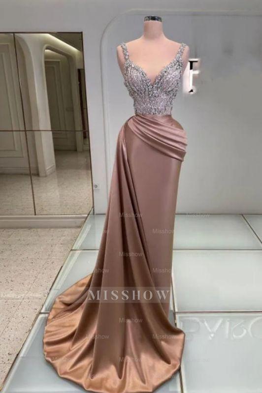Charming Sparkly Sequins V-Neck Long Evening Dress Sleeveless Satin Prom Dress