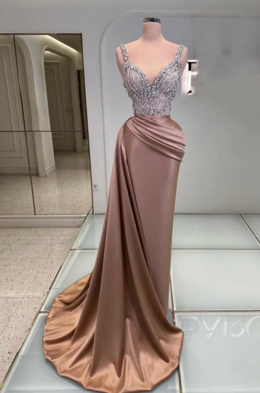 Charming Sparkly Sequins V-Neck Long Evening Dress Sleeveless Satin Prom Dress