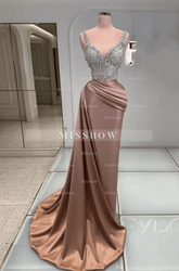 Charming Sparkly Sequins V-Neck Long Evening Dress Sleeveless Satin Prom Dress
