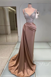 Charming Sparkly Sequins V-Neck Long Evening Dress Sleeveless Satin Prom Dress