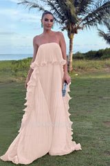 Charming Strapless Sleeveless Long Formal Dress With Pleated Ruffle