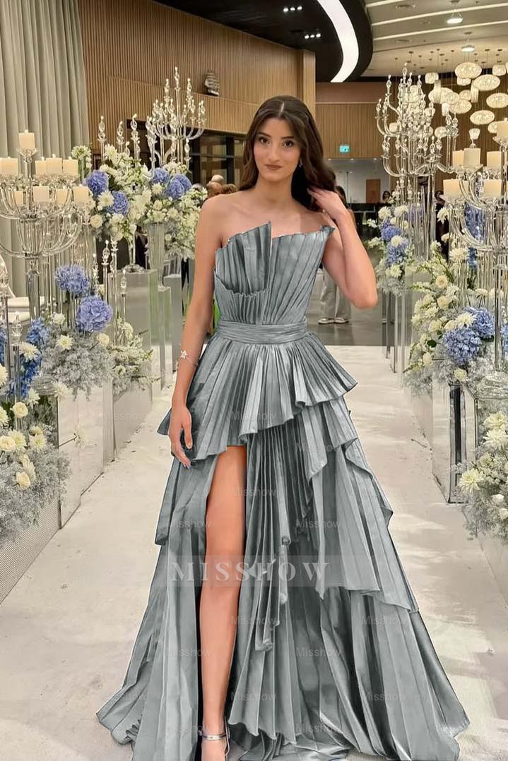 Charming Strapless Sleeveless Long Split Formal Dress With Pleated