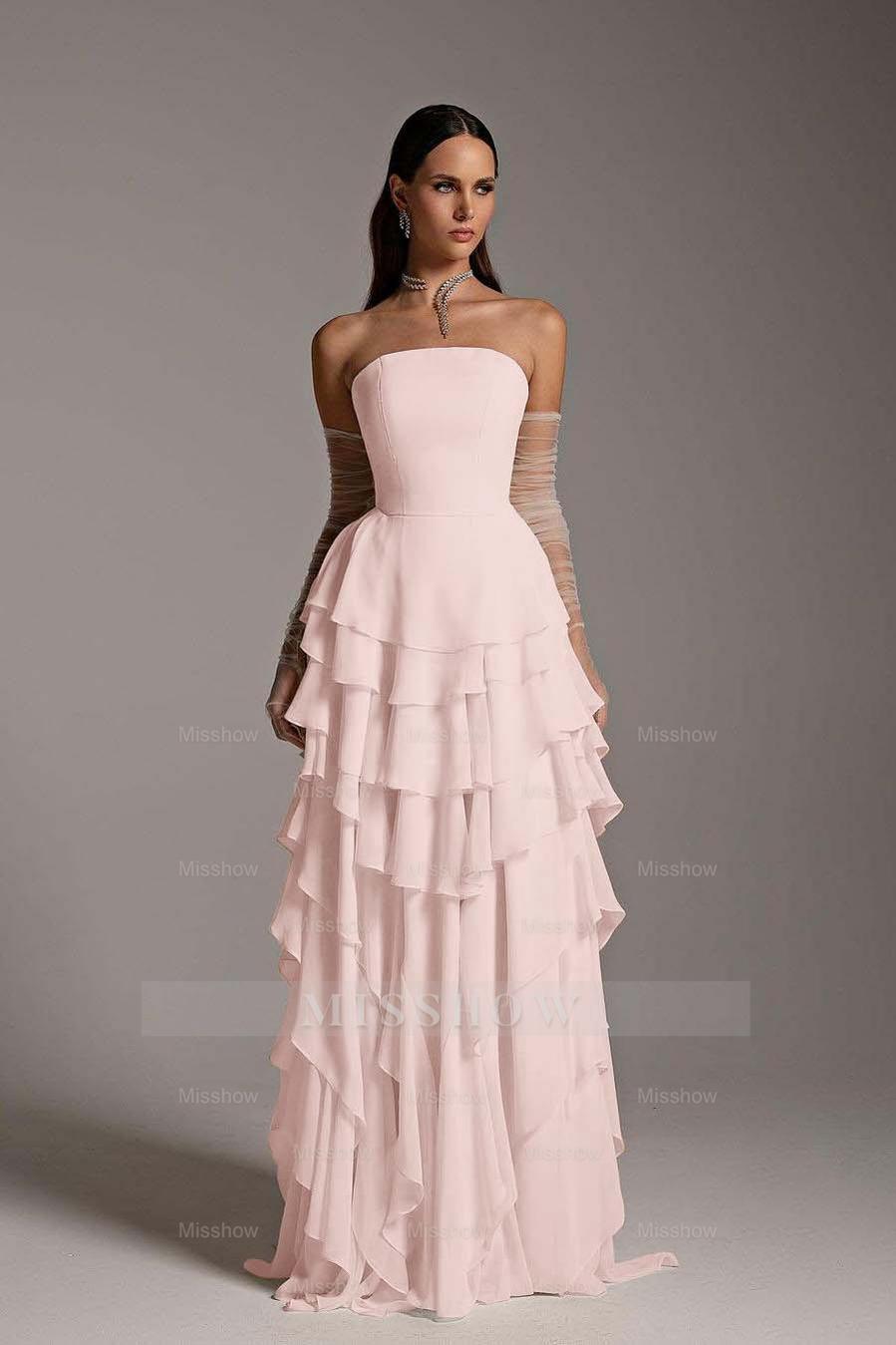 Charming Strapless Sleeveless Ruffles Long Formal Dress With Gloves