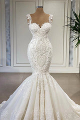 Charming Straps Sleeveless Mermaid Wedding Dress with Ruffles