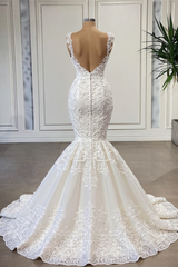 Charming Straps Sleeveless Mermaid Wedding Dress with Ruffles