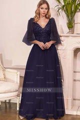 Charming Tulle V Neck Sleeveless Long Formal Dress With Appliques