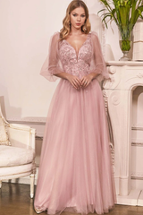 Charming Tulle V Neck Sleeveless Long Formal Dress With Appliques