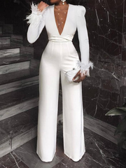 Charming V-Neck Feather White Sequins Long Sleeves Jump Suit
