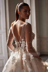 Charming V-Neck Long Sleeve Court Train Beaded Tulle Wedding Dresses With Handmade Flower