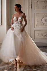 Charming V-Neck Long Sleeve Court Train Beaded Tulle Wedding Dresses With Handmade Flower