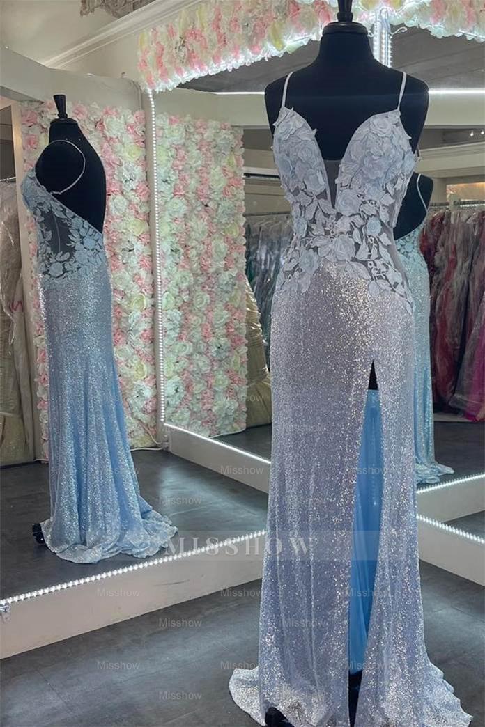 Charming V Neck Spaghetti Strap Sleeveless Formal Dress Split With Appliques