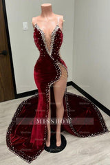 Charming V-Neck Velvet Mermaid Prom Dress Beadings Side Slit Party Dress