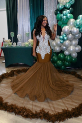 Chocolate v-neck beaded mermaid prom dress