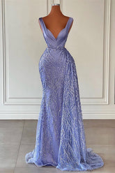 Charming Violet V Neck Mermaid Formal Dress With Beadings Sequins