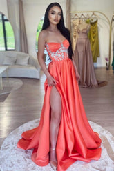 Charming Watermelon Strapless A-Line Beaded Sleeveless Panel Train Satin Evening Dresses With High Slit
