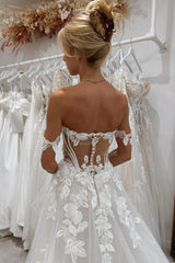 Charming White A-Line Lace Off-The-Shoulder Sleeveless Cathedral Train Tulle Wedding Dresses With Appliques