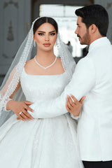 Charming White A-Line Square Spaghetti Strap Beaded Illusion Sleeves Sequined Ball Gown Long Satin Wedding Dresses With Ruffles