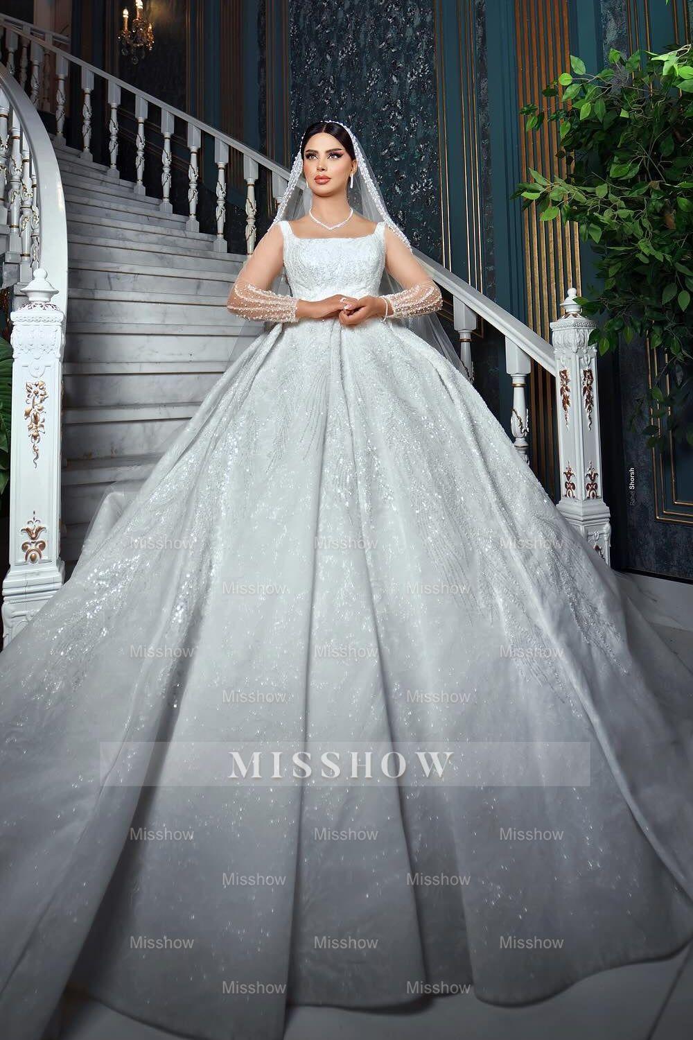 Charming White A-Line Square Spaghetti Strap Beaded Illusion Sleeves Sequined Ball Gown Long Satin Wedding Dresses With Ruffles