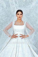 Charming White A-Line Square Spaghetti Strap Beaded Illusion Sleeves Sequined Ball Gown Long Satin Wedding Dresses With Ruffles