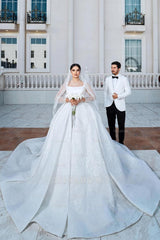 Charming White A-Line Square Spaghetti Strap Beaded Illusion Sleeves Sequined Ball Gown Long Satin Wedding Dresses With Ruffles