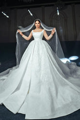 Charming White A-Line Square Spaghetti Strap Beaded Illusion Sleeves Sequined Ball Gown Long Satin Wedding Dresses With Ruffles