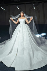 Charming White A-Line Square Spaghetti Strap Beaded Illusion Sleeves Sequined Ball Gown Long Satin Wedding Dresses With Ruffles