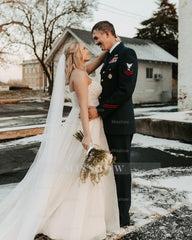 Charming White A-Line Strapless Beaded Sleeveless Tulle Long Wedding Dress With Pearls