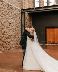 Charming White A-Line Strapless Beaded Sleeveless Tulle Long Wedding Dress With Pearls