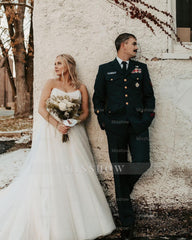 Charming White A-Line Strapless Beaded Sleeveless Tulle Long Wedding Dress With Pearls