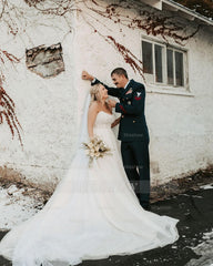Charming White A-Line Strapless Beaded Sleeveless Tulle Long Wedding Dress With Pearls